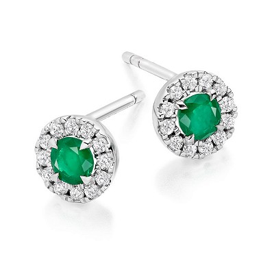 Round Brilliant Emerald & Diamond Stud Earrings